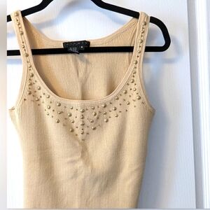 Beaded Gold Beige Ribbed Tank Top- Size Medium